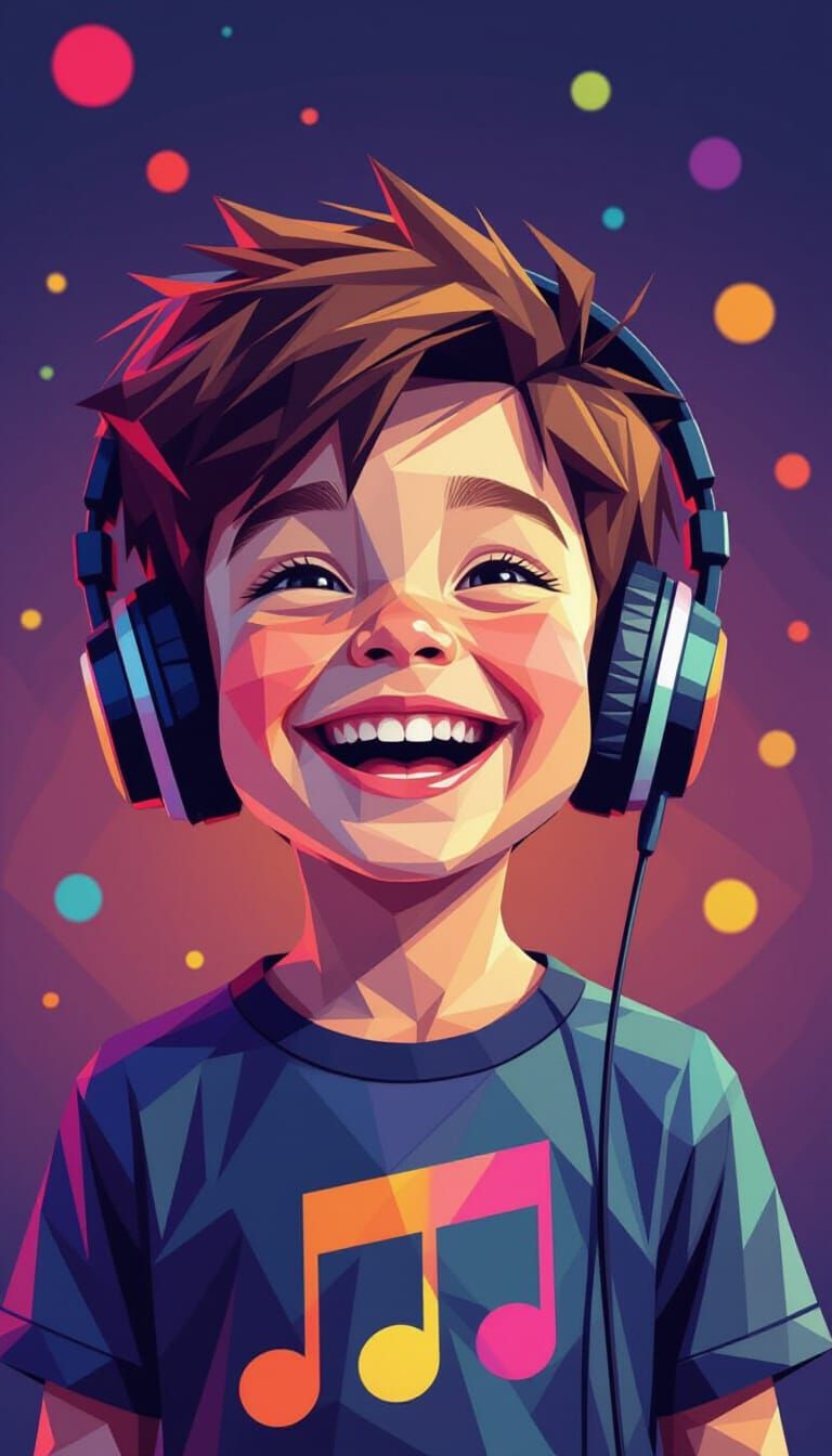 Joyful Boy with Headphones in Low Poly 3D Style