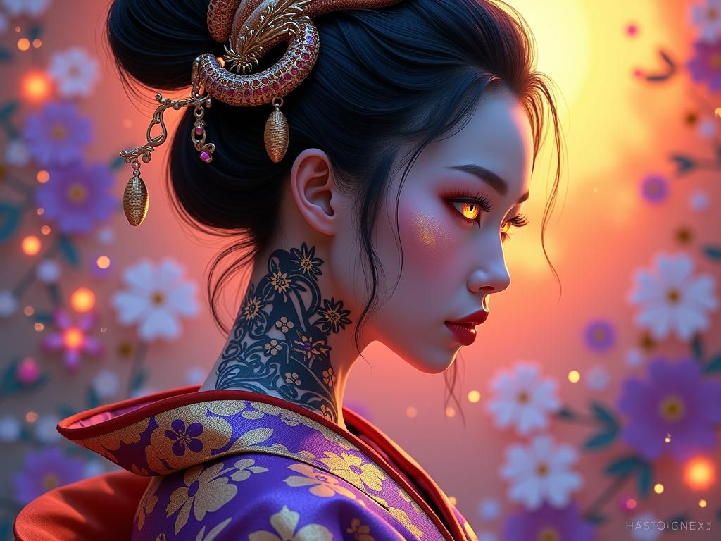 Geisha Warrior Portrait with Dragon Tattoos in Dark Fantasy ...