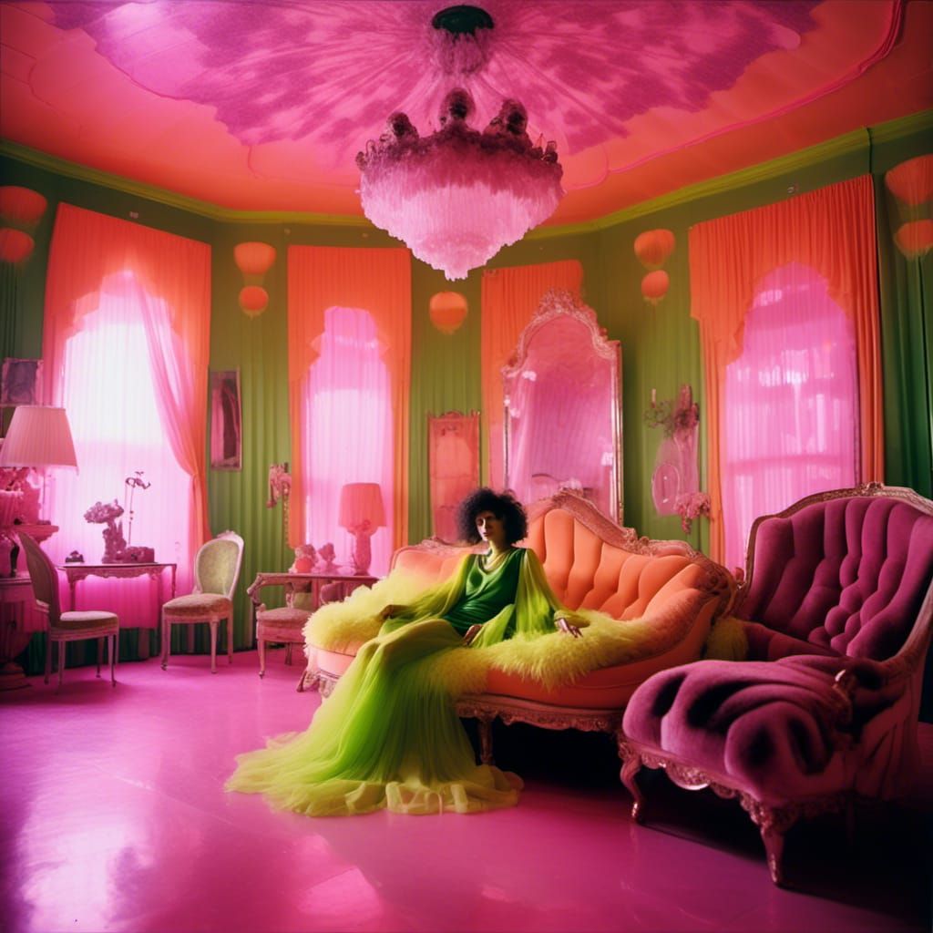 Retro-Futuristic Bedroom with Woman and Cat