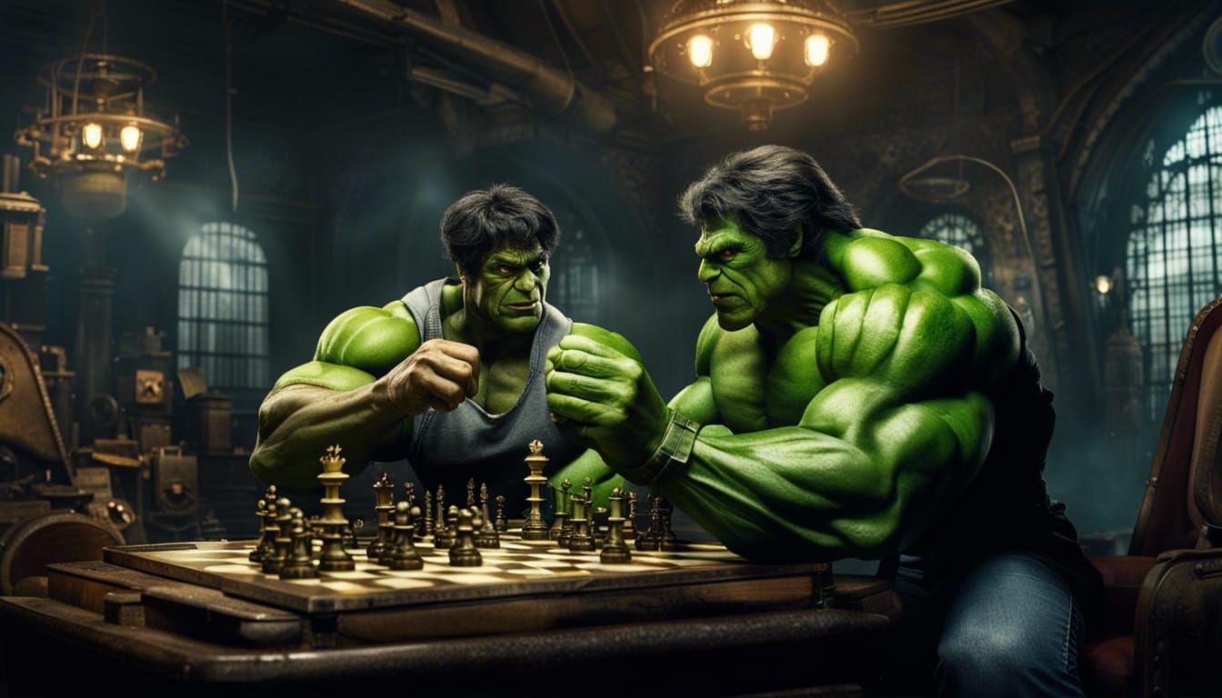Hulk and Dark Phoenix Play Chess, Steampunk Style
