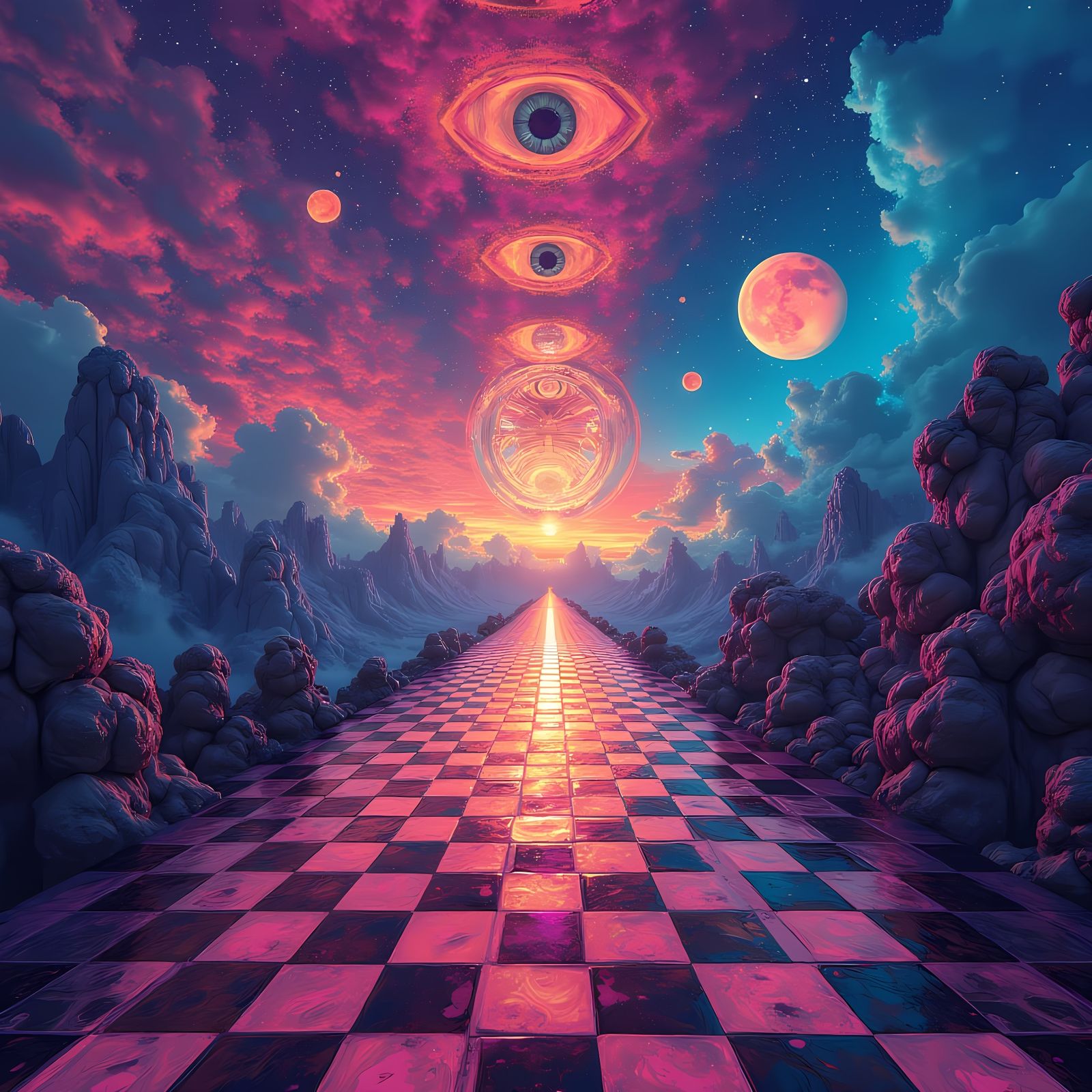 Trippy Dreamscape with Melting Clocks in Neon Colors