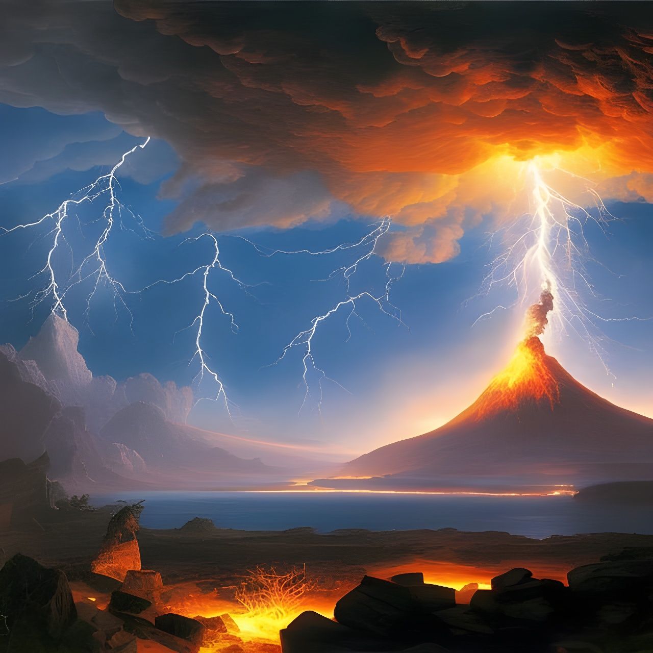 Volcanic Lightning Storm in Romantic Style