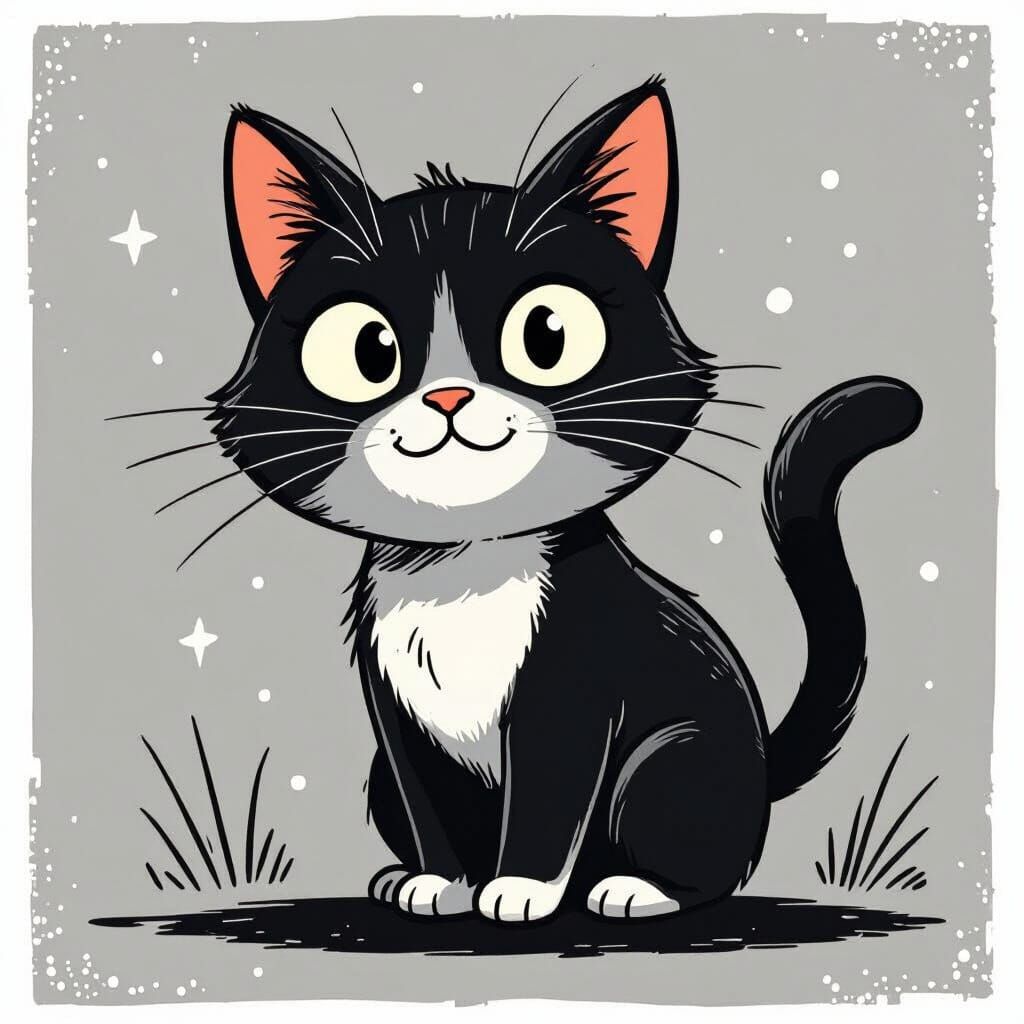 Adorable Cat Cartoon in Bold Black Line Art