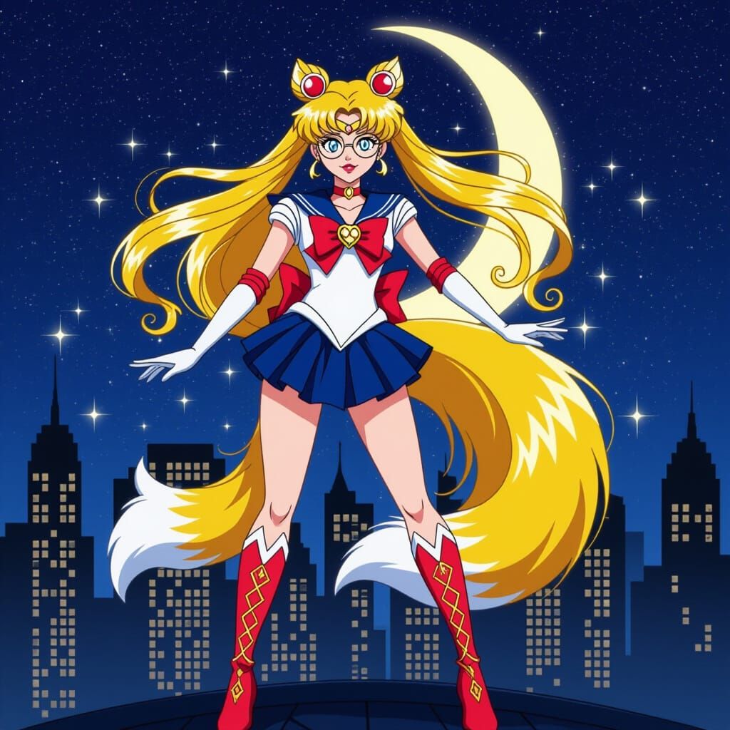 Foxy Heroine on Moonlit Rooftop in Retro Anime Style