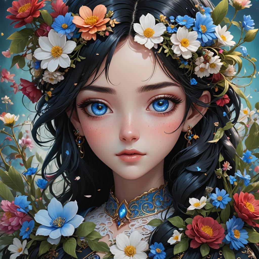 Anime Girl Portrait with Flowers, Digital Art