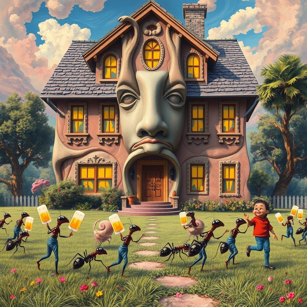 Surreal House with Melting Facade and Whimsical Ants in Vibr...
