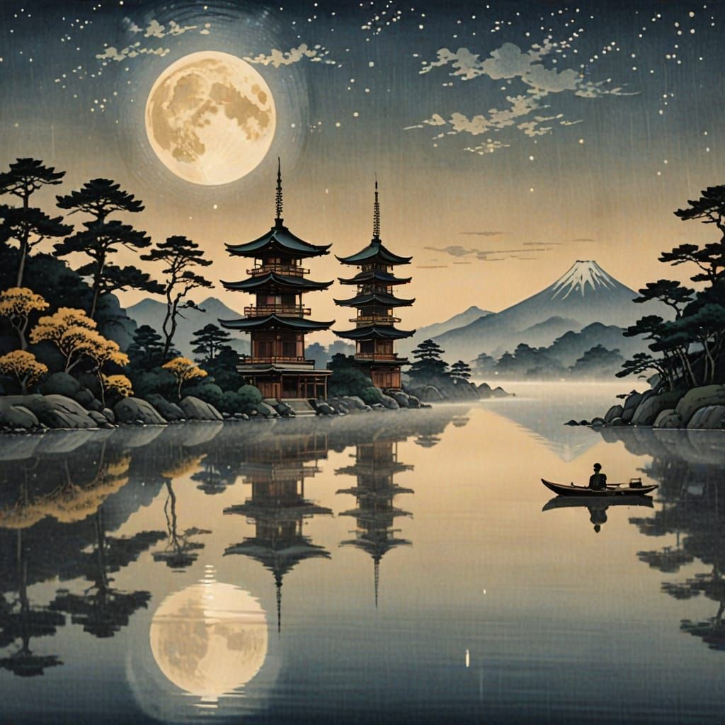 Traditional Japanese Figure in Golden Robe Under Luminous Mo...