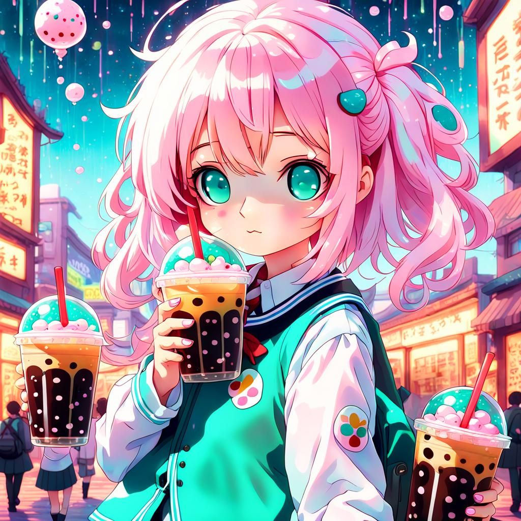 Kawaii Anime Girl with Boba in Vibrant Anime Style