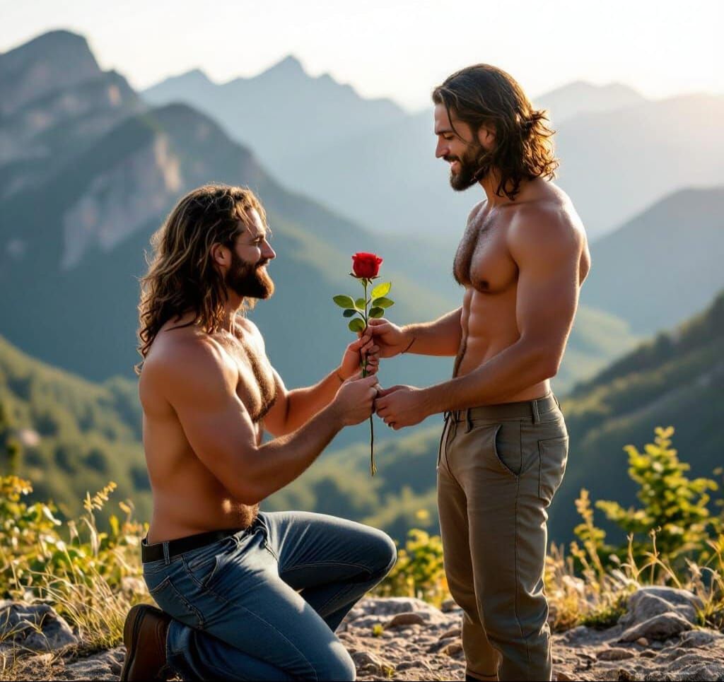 Gay Couple on Mountain Top, Romantic Anniversary Scene