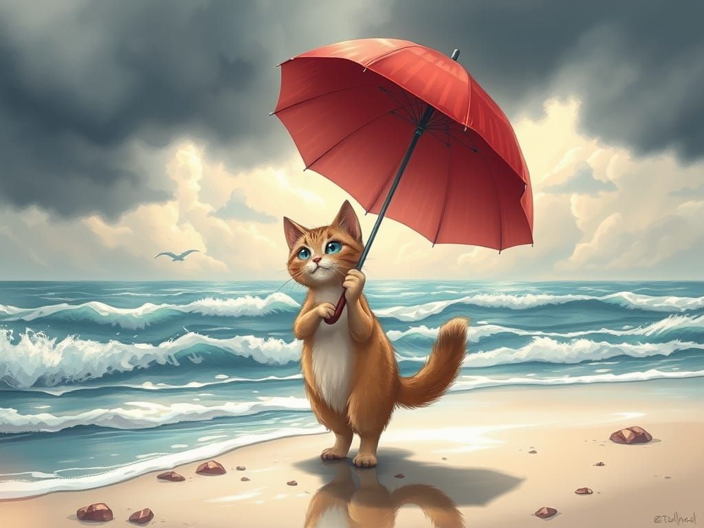 Whimsical Windy Seaside Scene with a Cat Holding a Red Umbre...