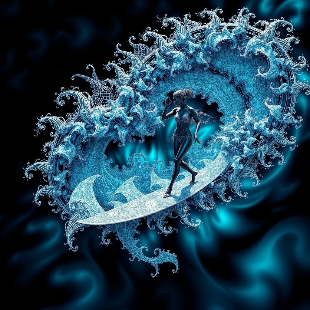 Fractal Surf Goddess Rides Iridescent Waves