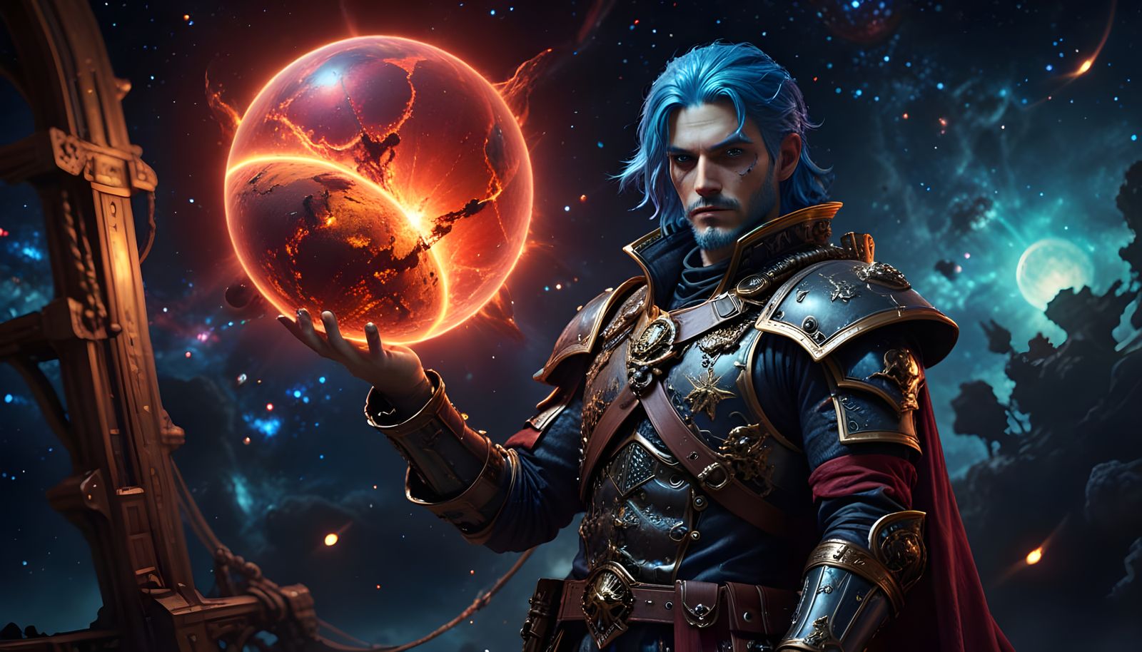 Space Pirate with Holographic Planet, Oil Painting