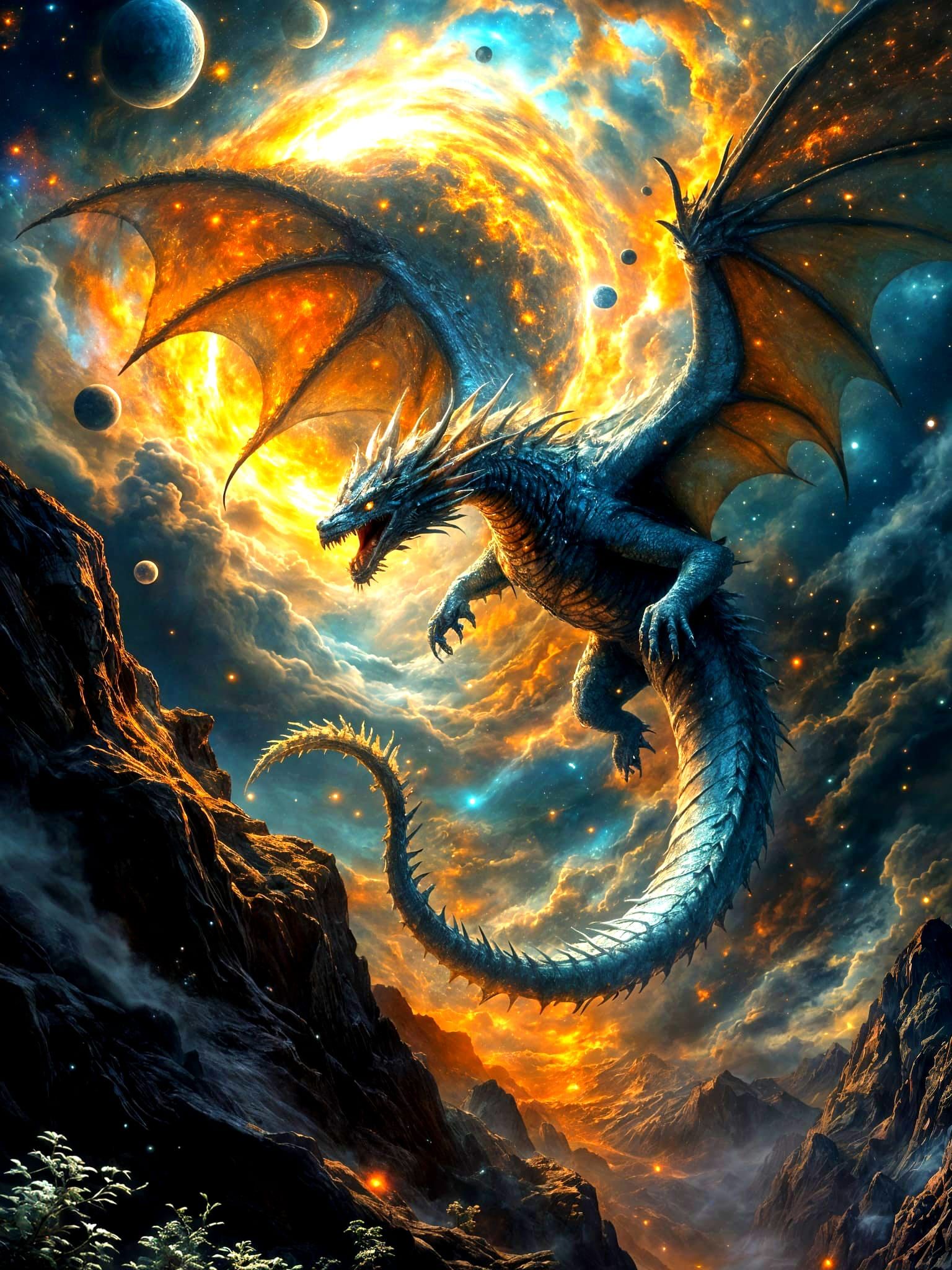 Majestic Dragon Soars Through Cosmic Nebula