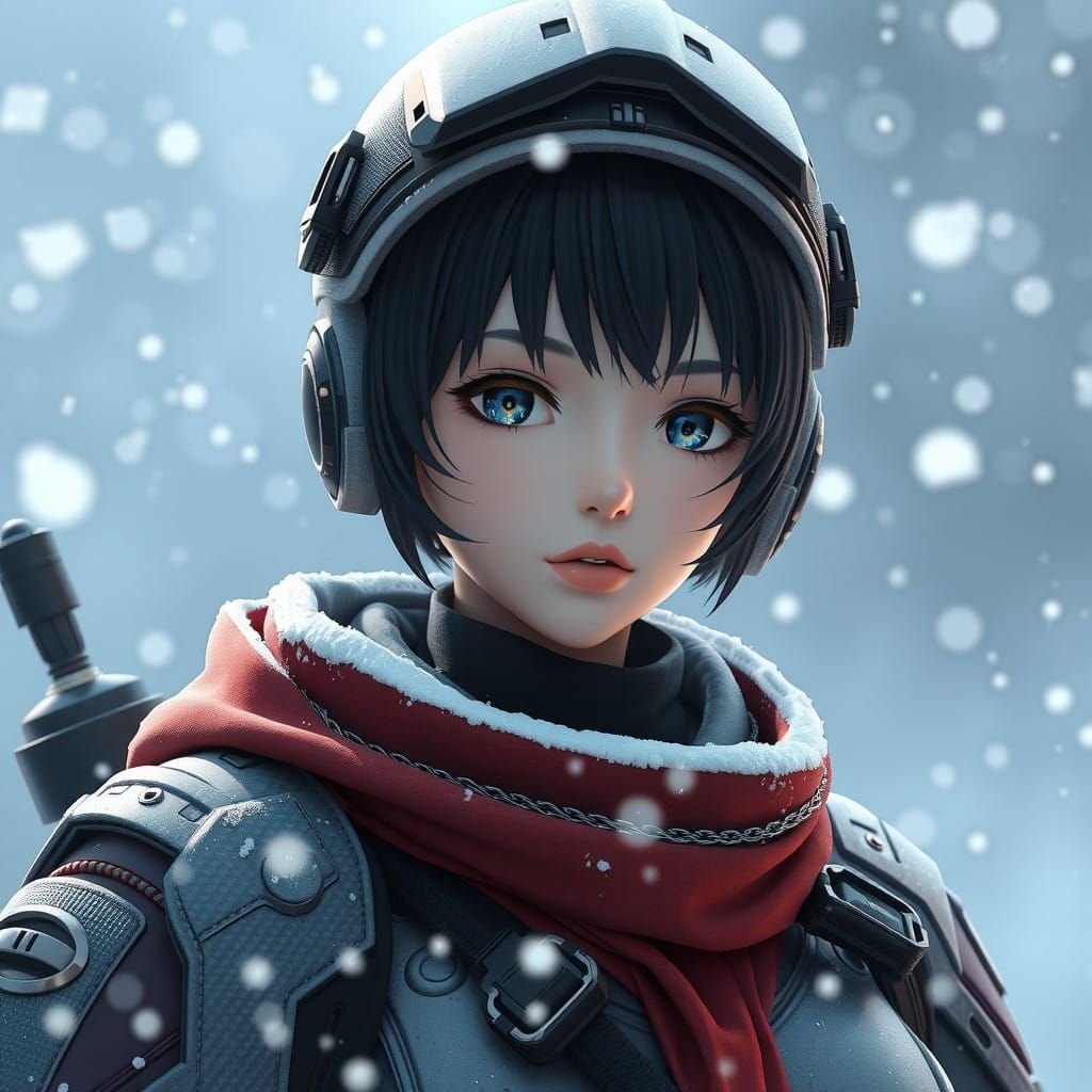 Scifi Soldier Anime Girl in a snow storm...