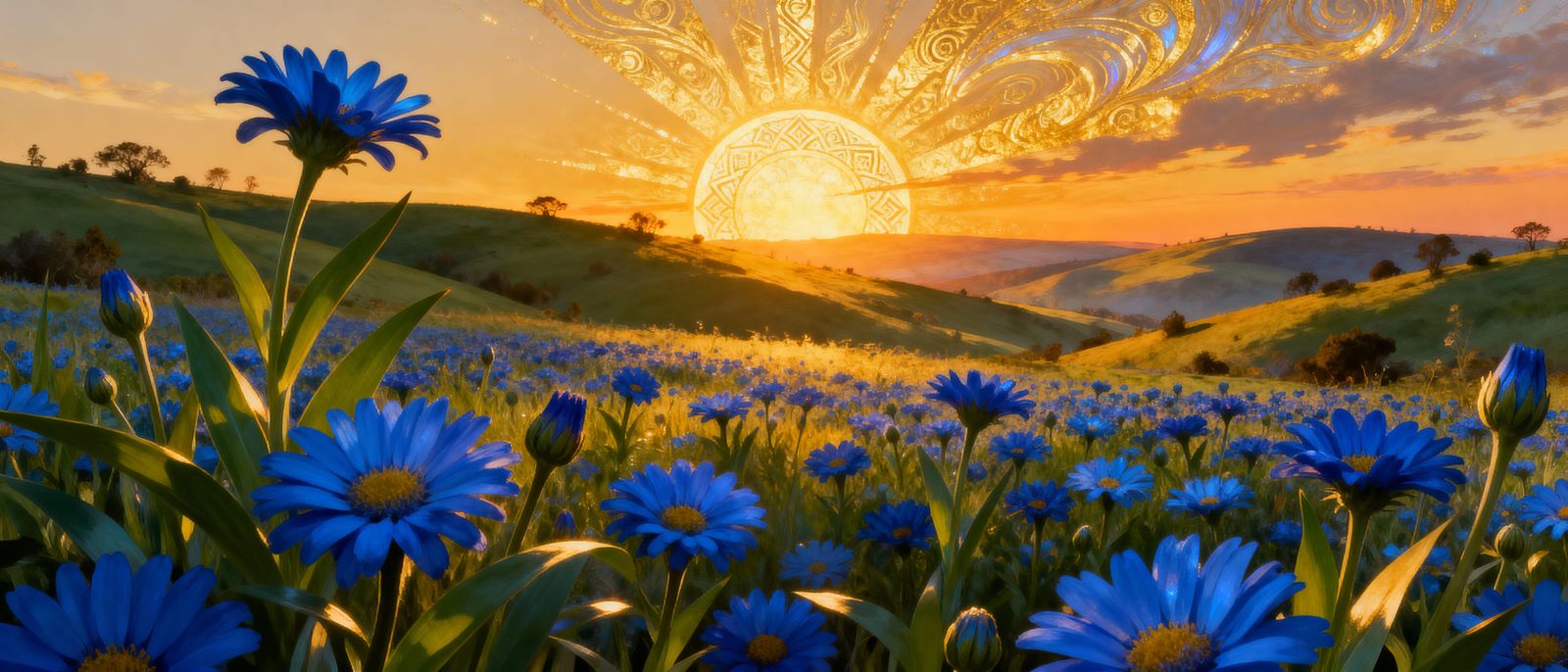 Blue Daisies Field Under Dramatic Sunset Sky
