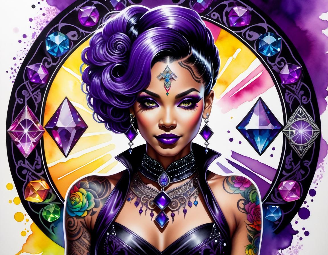 Radiant Purple Energy: A Gothic Watercolor Pinup