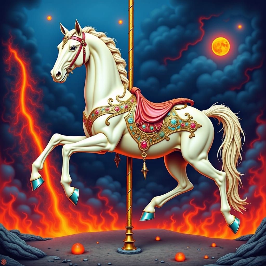 Carousel Horse in Volcanic Eruption, Retro-Futuristic Cosmic...