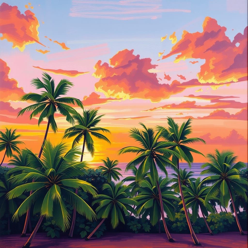 Surreal Tropical Sunset with Palm Trees in Vibrant Color