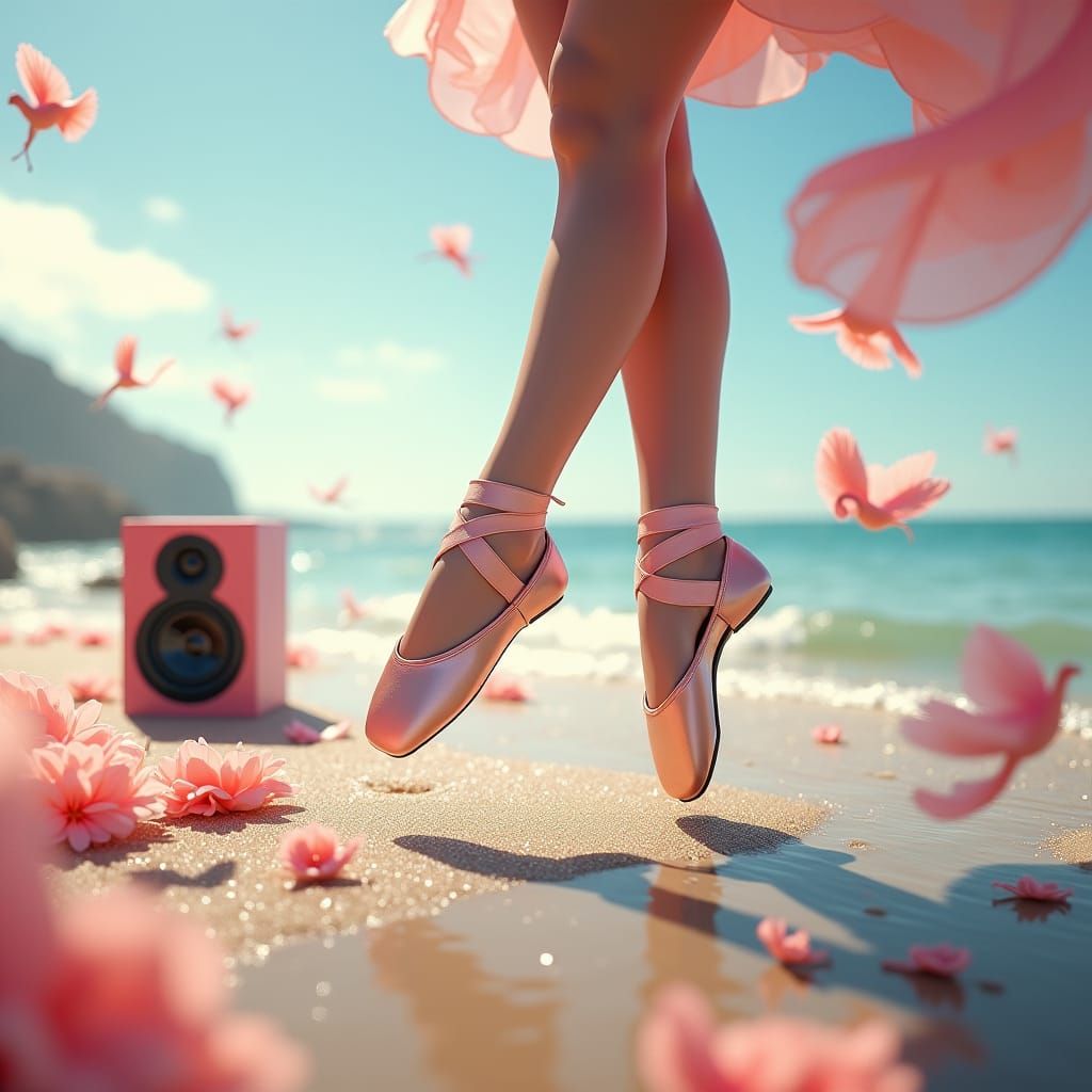 Ballet Shoes on Beach with Speaker, Digital Art