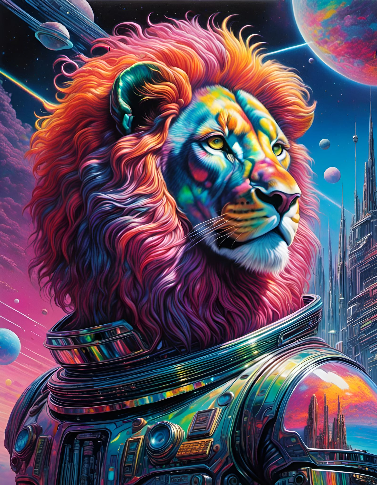 Iridescent Space Lion in Sci-Fi Retrowave Style