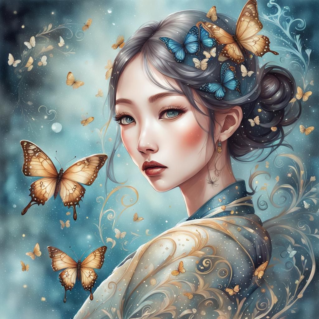 Watercolor Butterfly with Glitter in Children's Book Style