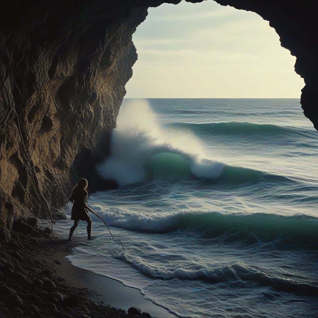 Dramatic Cave Scene: Serpent Woman Threatens Prisoner