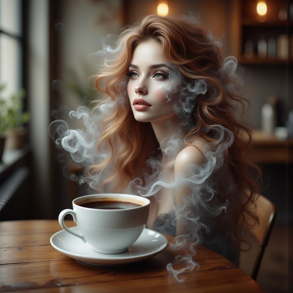 Woman's Face Formed From Smoke Above Coffee