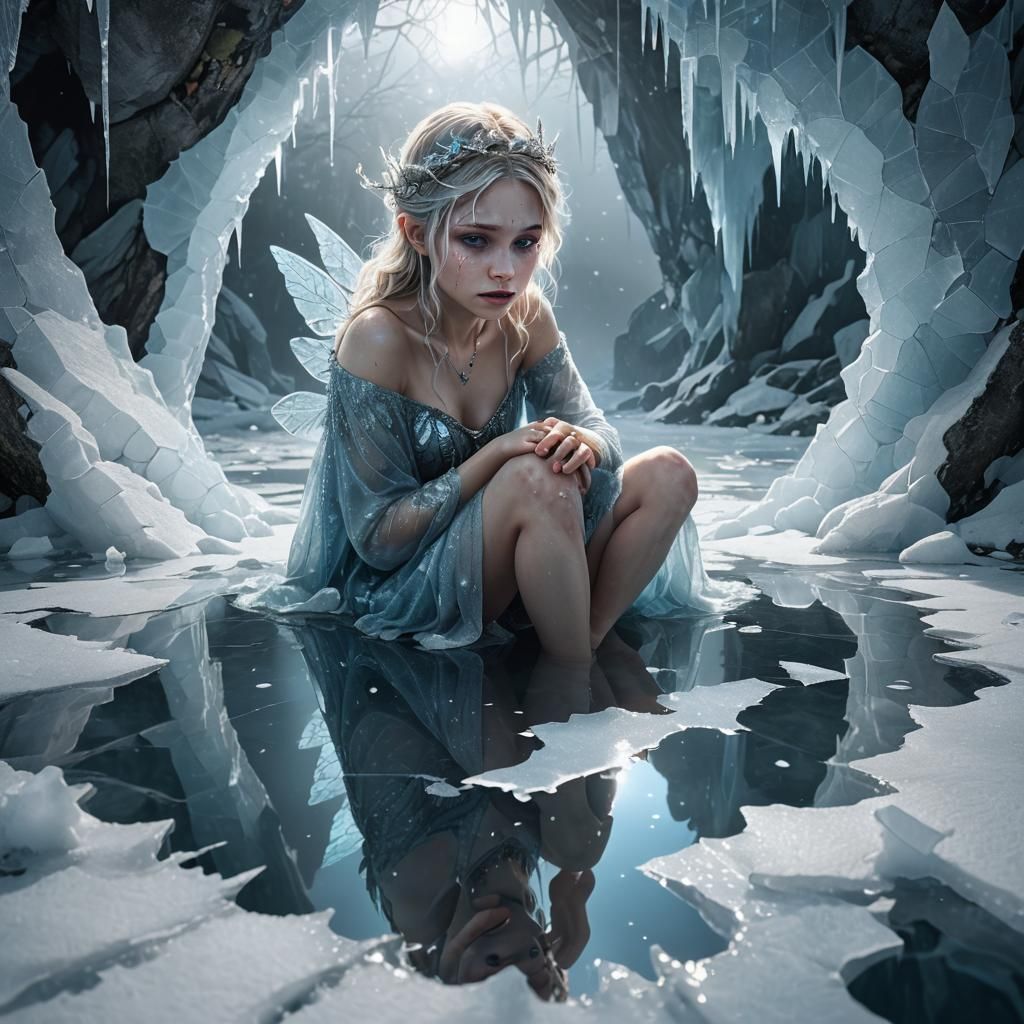 Ice Fairy Gazing into Frozen Lake, Surreal Digital Art