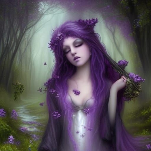 Dark fantasy ethereal Gothic witch with long purple hair with lavender highlights& purple eyes& purple eyeshadow& Black ...