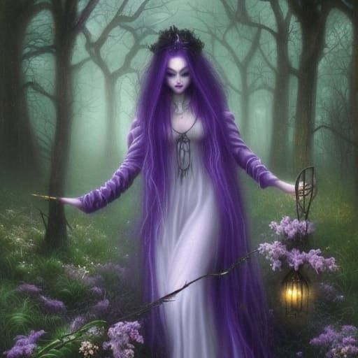 Dark fantasy ethereal Gothic witch with long purple hair with lavender highlights& purple eyes& purple eyeshadow& Black ...