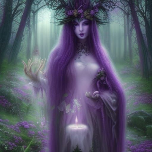 Dark fantasy ethereal Gothic witch with long purple hair with lavender highlights& purple eyes& purple eyeshadow& Black ...
