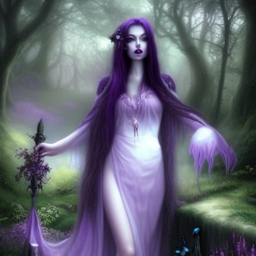 Dark fantasy ethereal Gothic witch with long purple hair with lavender highlights& purple eyes& purple eyeshadow& Black ...