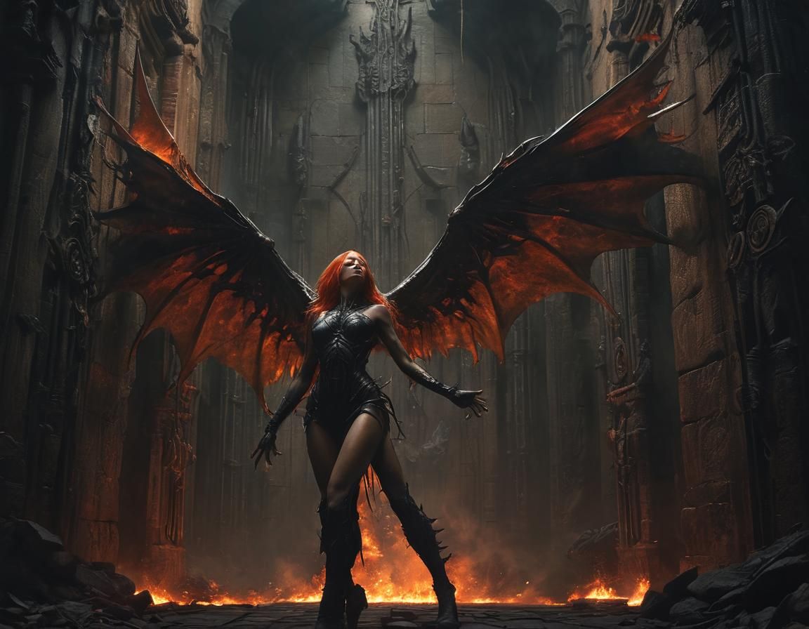 Fiery-Haired Woman at Burning Gates, in Dark Fantasy Art