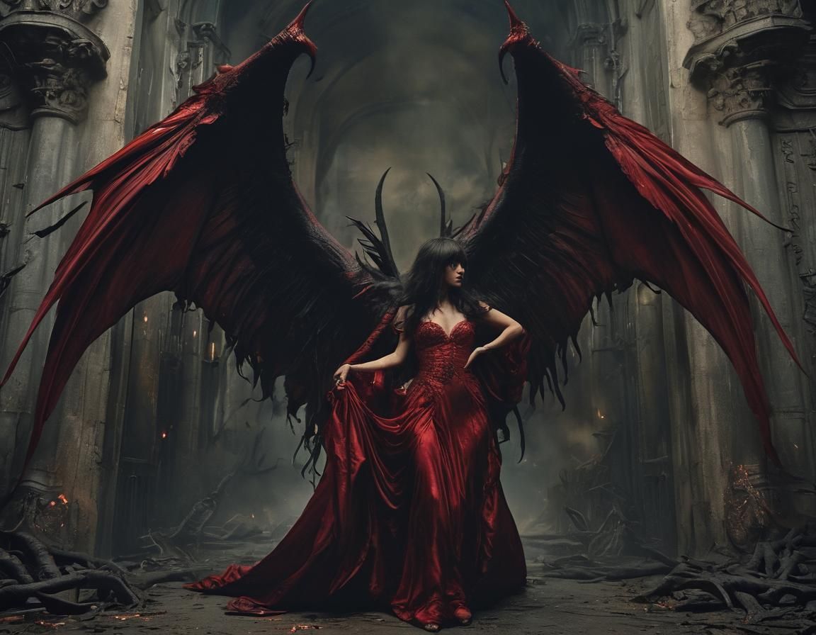 Crimson-Gowned Woman Greets Souls at Hell's Gate