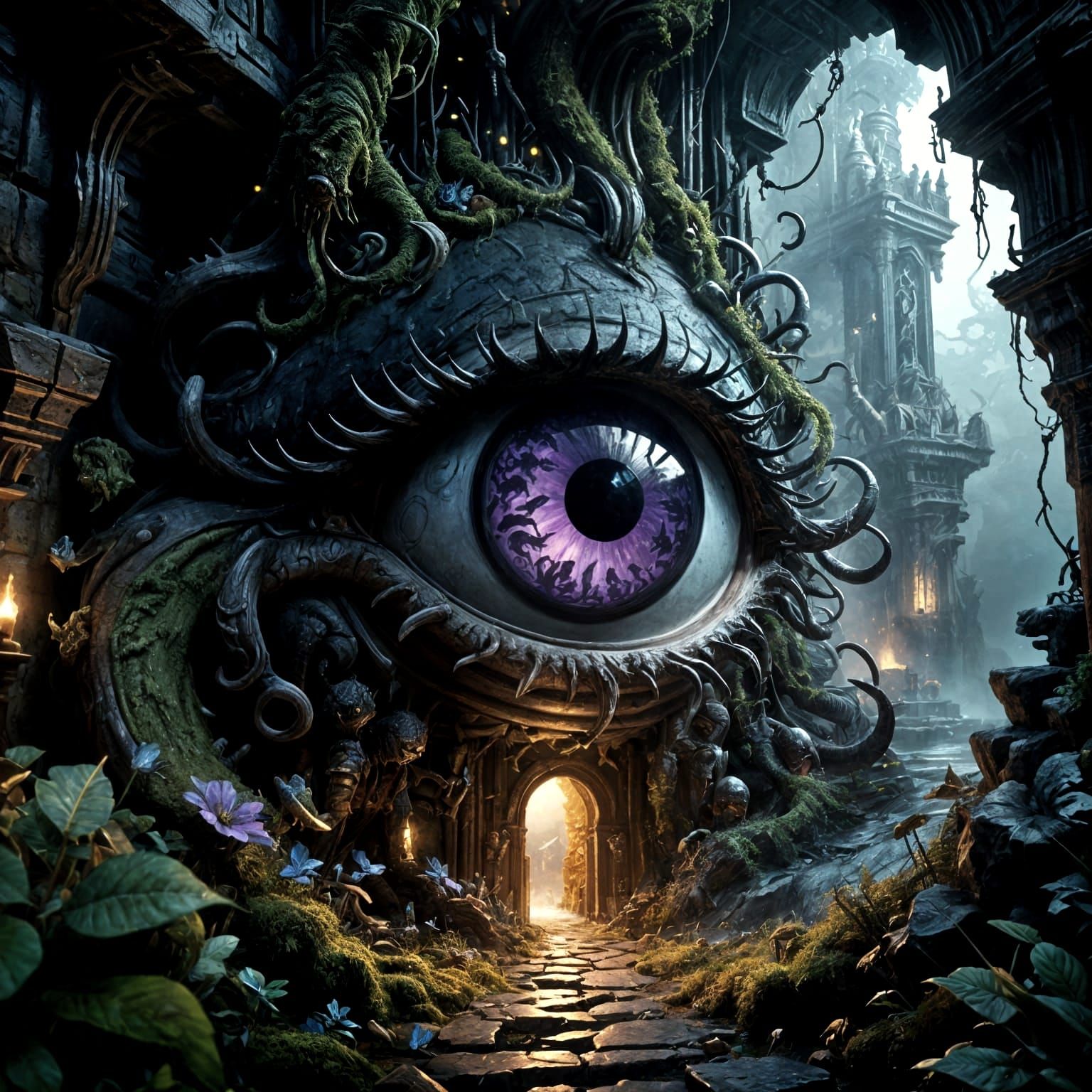 Surreal Floating Eye in a Whimsical Maze with Gothic Accents