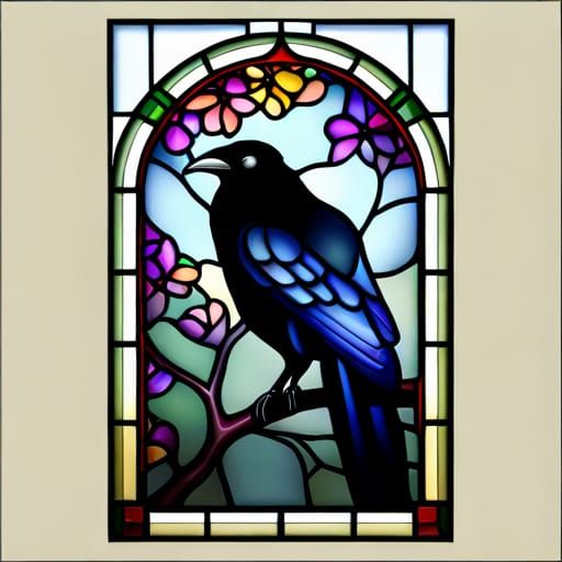 Gothic Art Nouveau Raven in Stained Glass Tree