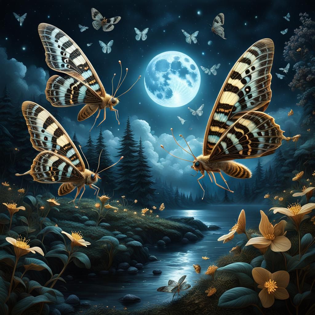 Radiant moths dance in the moonlight, symbolizing the limitl...