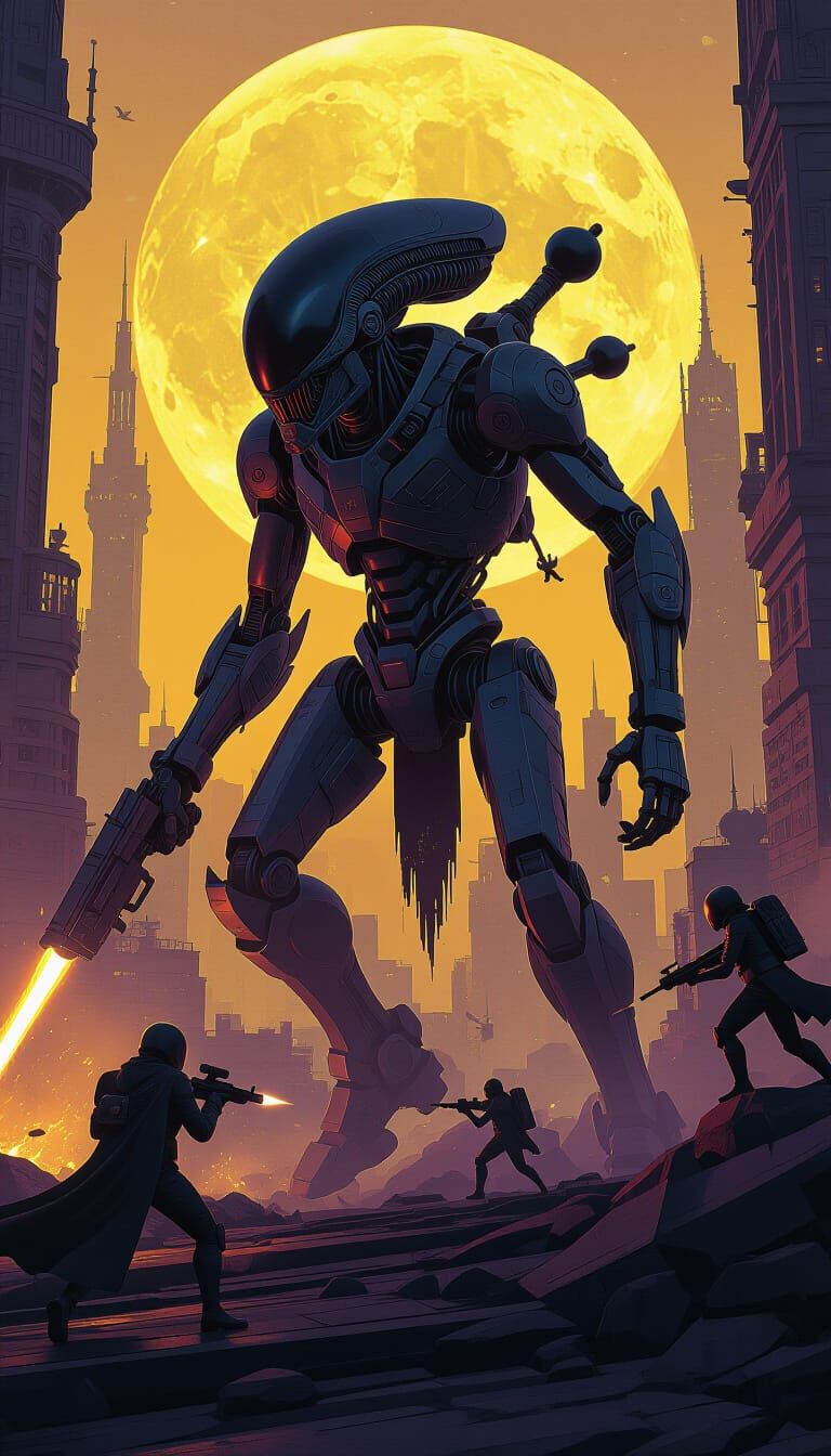 Epic Dark Fantasy War Between Aliens and Robots