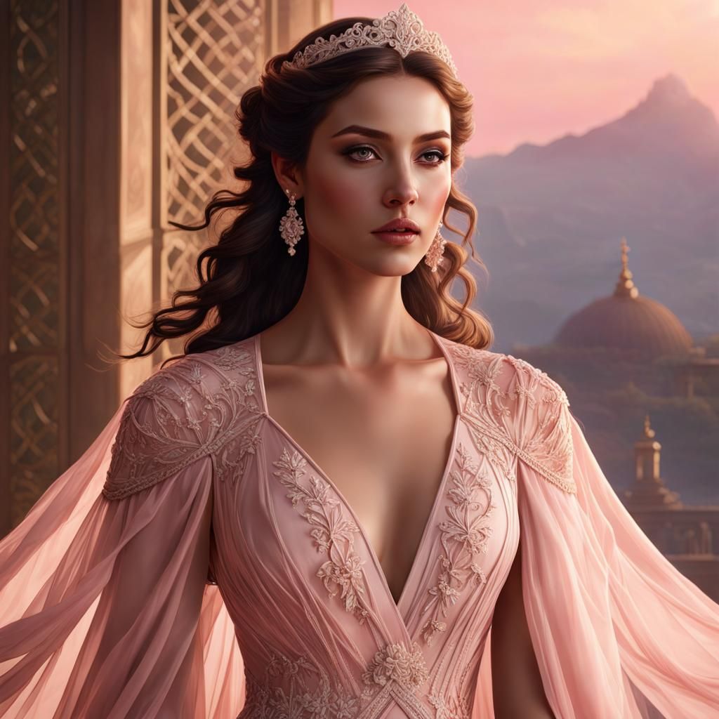 Ethereal Woman in Pink Gown, Hyperdetailed Fantasy Art