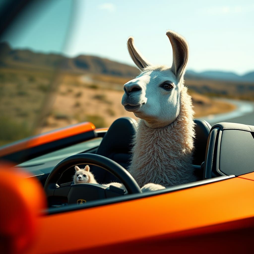 Anthropomorphic Llama Driving a Lamborghini Car