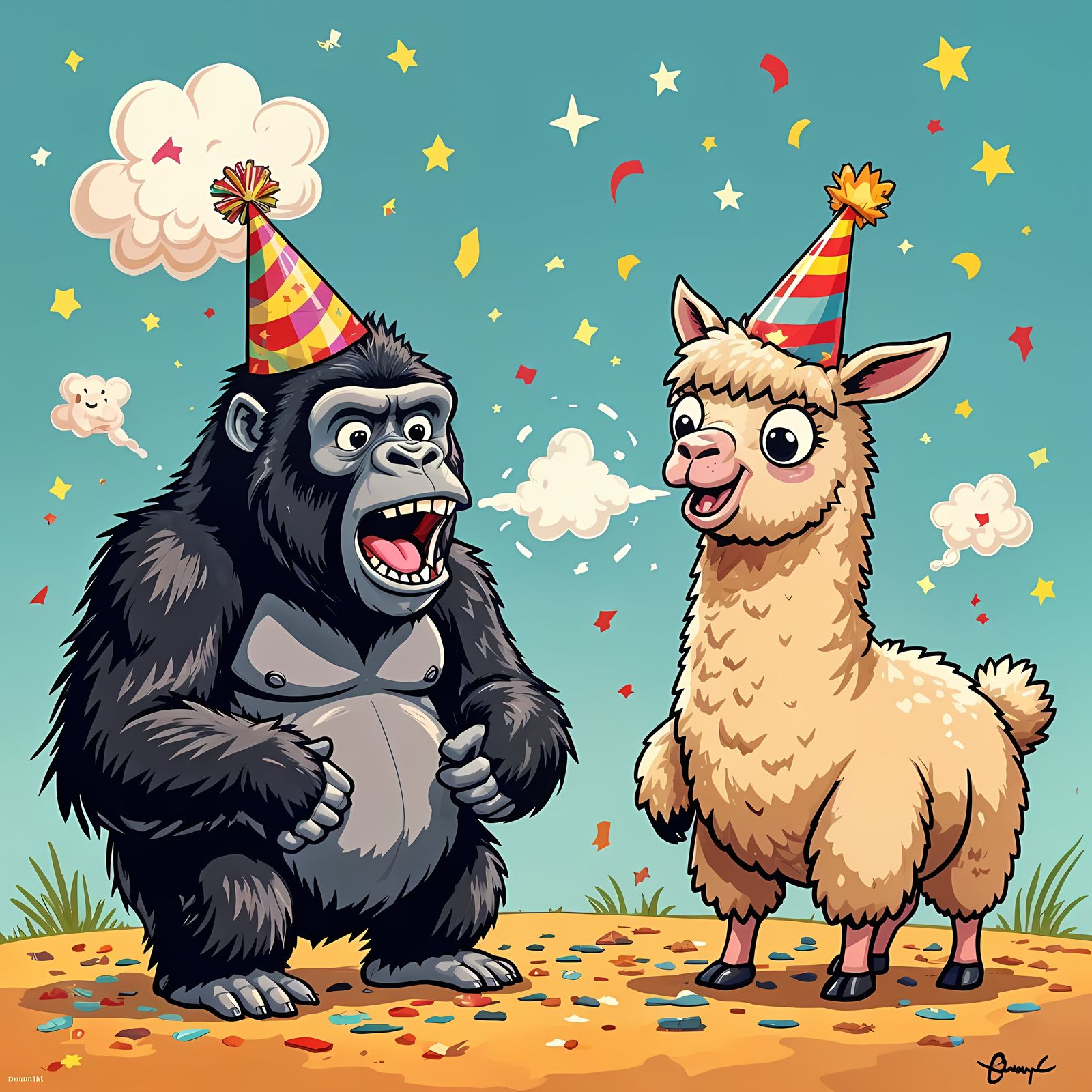 Gorilla and Llama Farting Contest in Comic Art Style