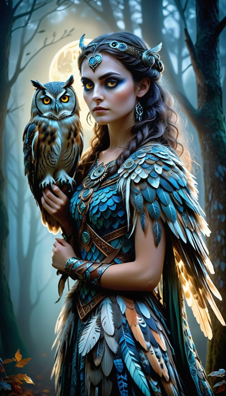 Enchantress and Owl in Moonlit Forest