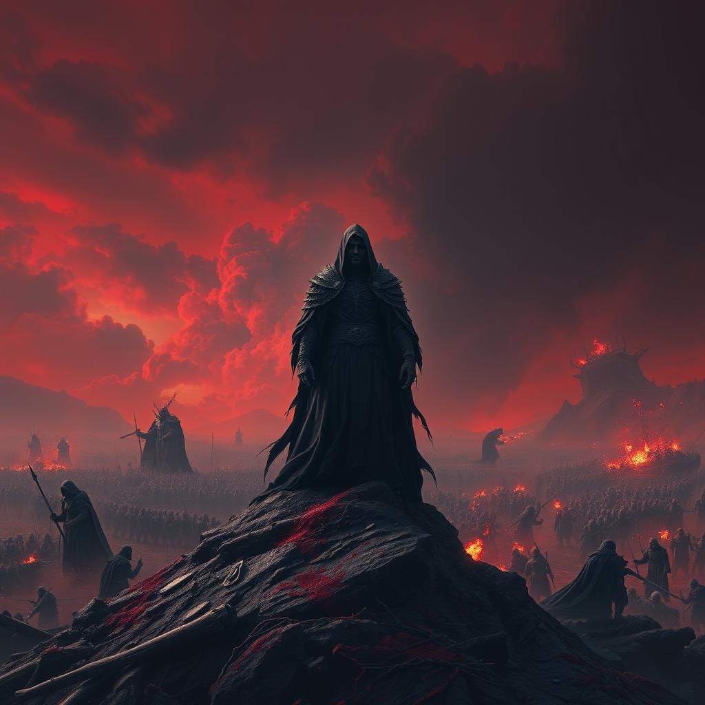 Thanatos Oversees Battle on Blood-Soaked Landscape