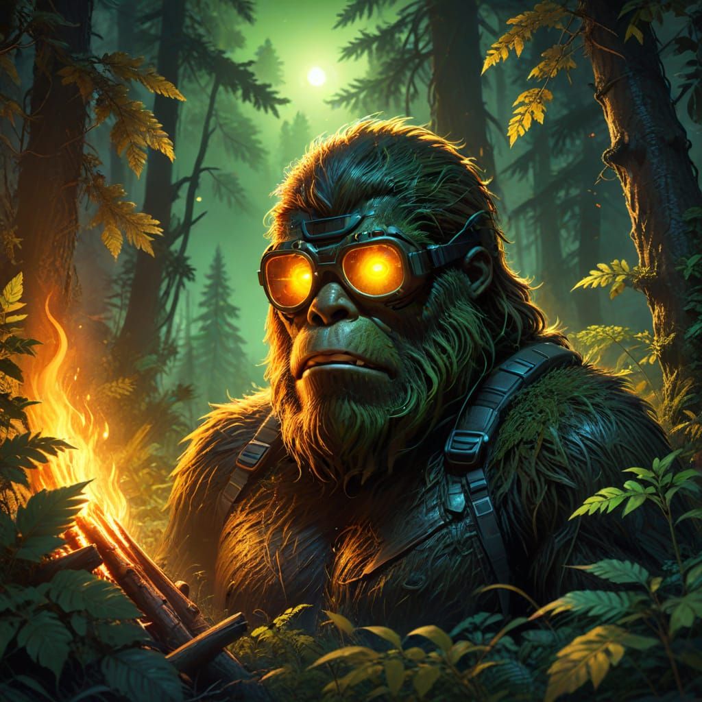 Sasquatch wearing Night-vision goggles hiding in the bushes watching campers around a bonfire