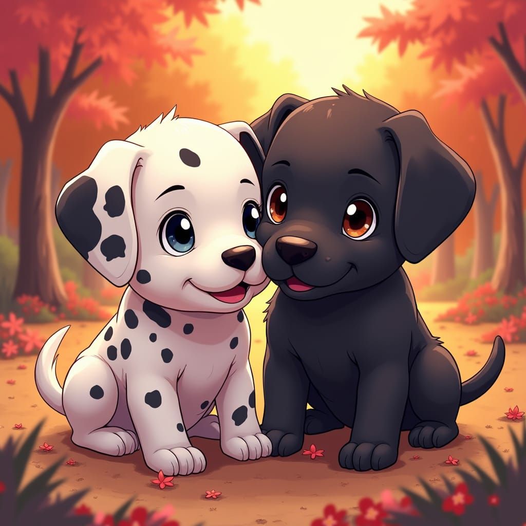 Dalmatian and Labrador Puppies Playing in Manga Style