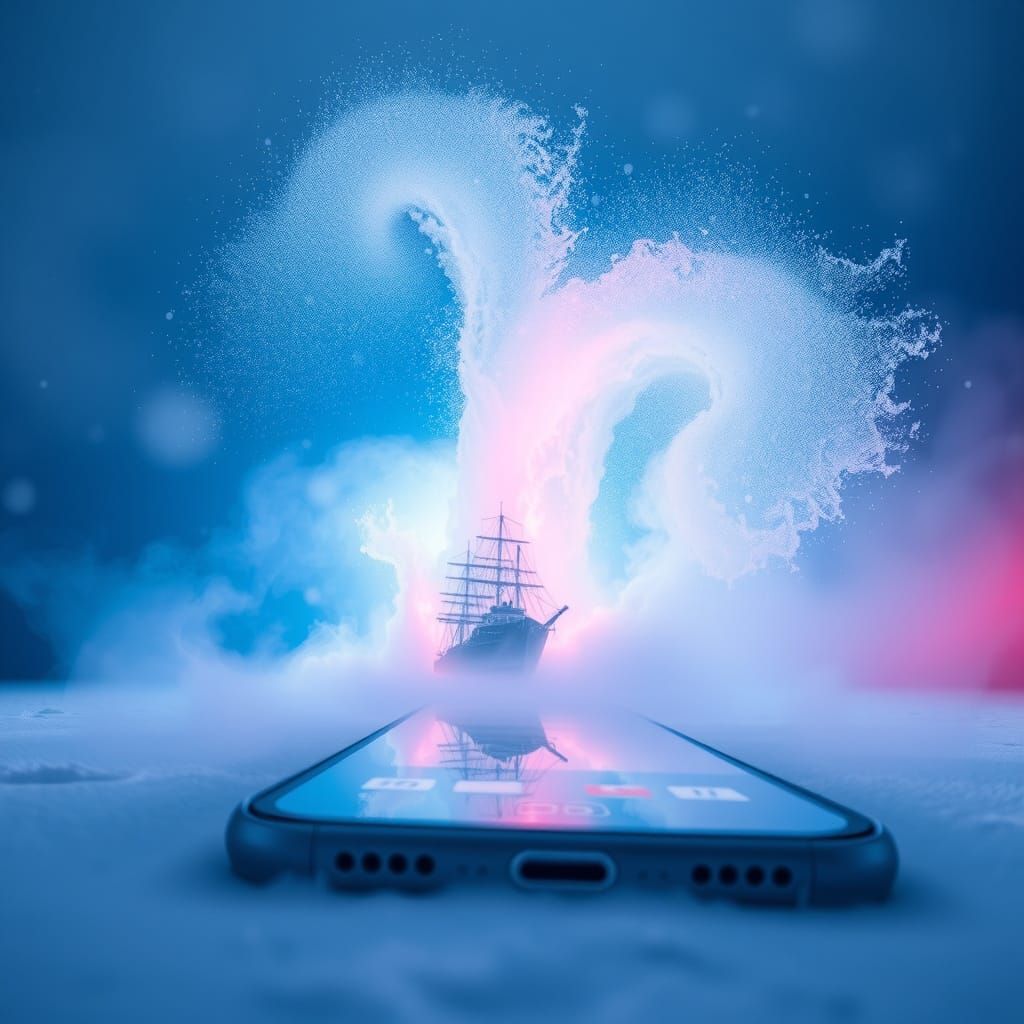 Ship Emerges from Phone Screen in Neon Mist