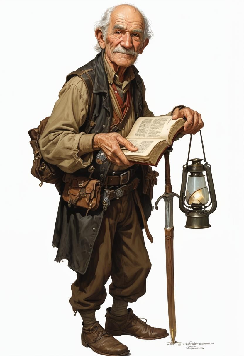 Elderly Adventurer with Book in Fantasy Art Style