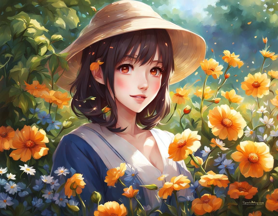 Cute Girl in Flower Garden Digital Painting