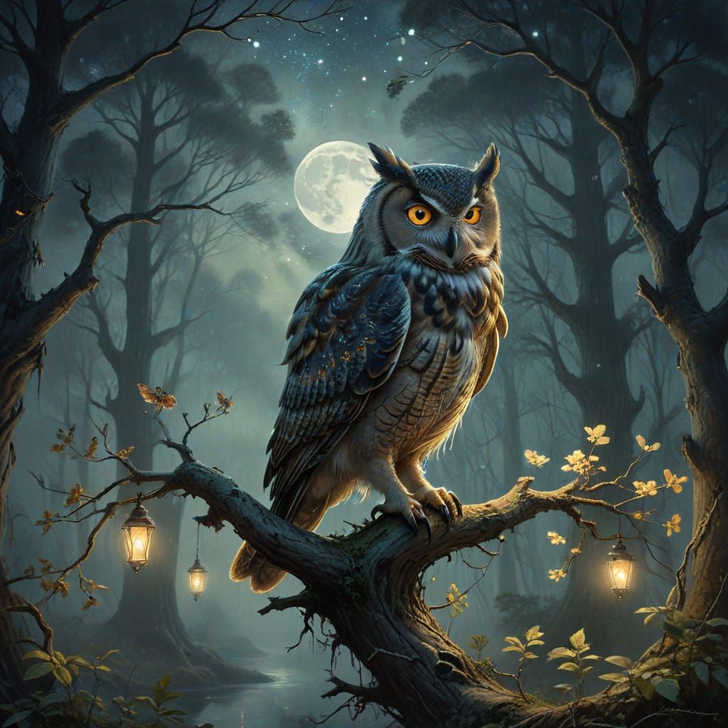 Moonlit Owl in Whimsical Landscape