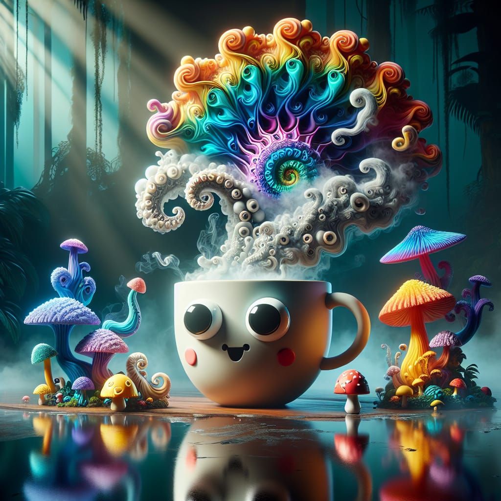 Whimsical Tea Cup with Mushroom Smoke in Mystic Forest
